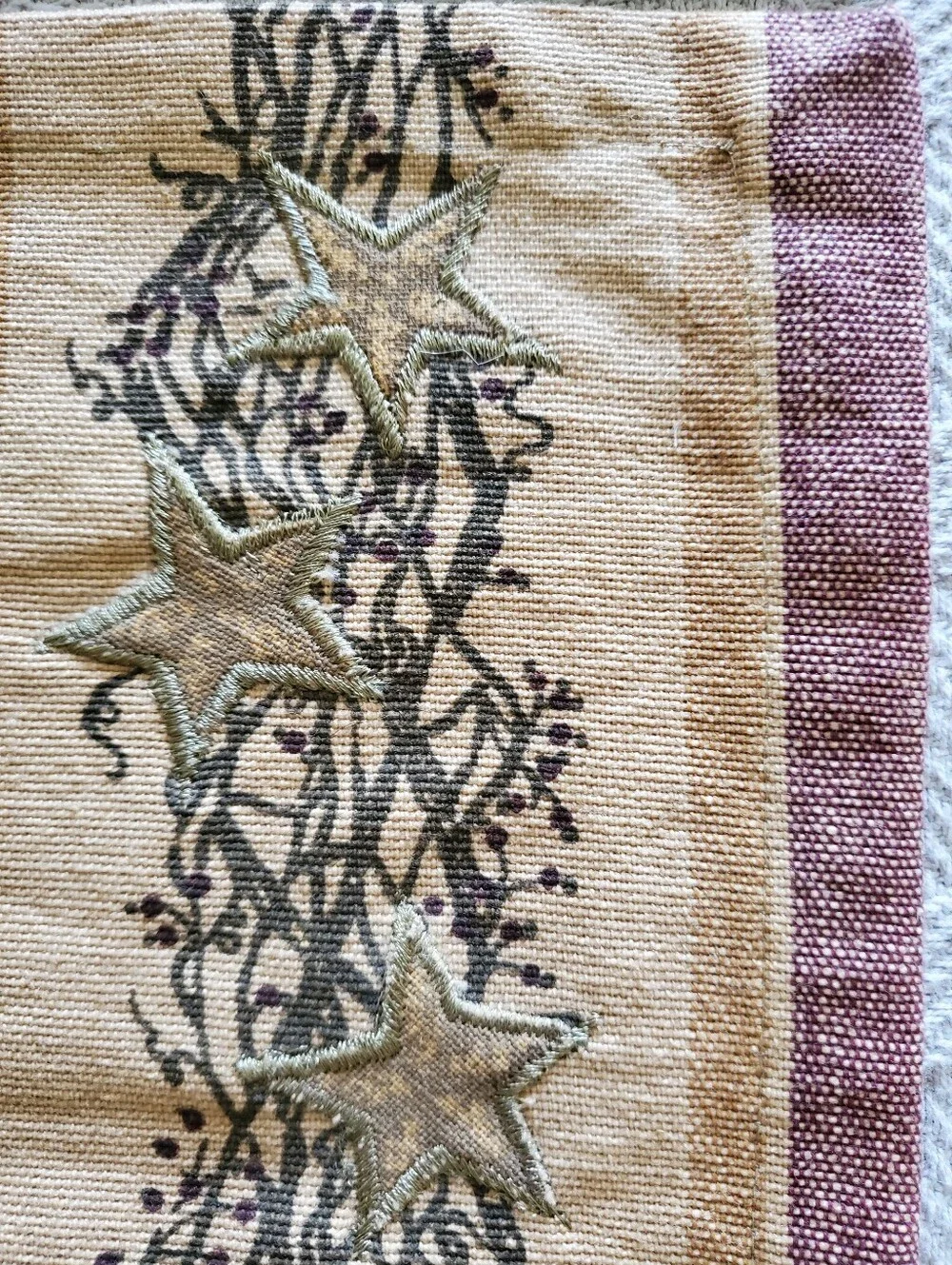 Rustic Primitive Barn Star Burgundy and Tan Ticking Stripe Cotton Placemats